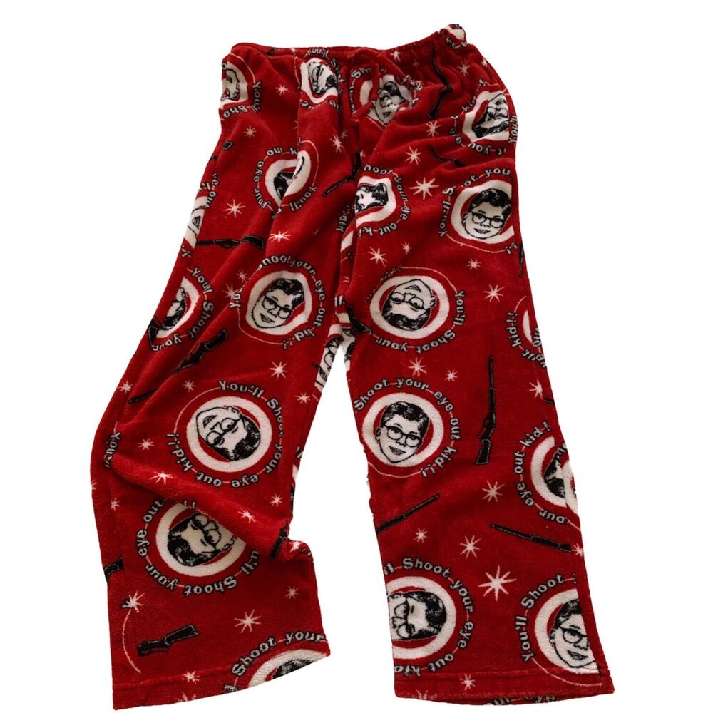 Large Men's Red Fleece Christmas Story Lounge PJ Pants "You'll Shoot Your Eye Ou